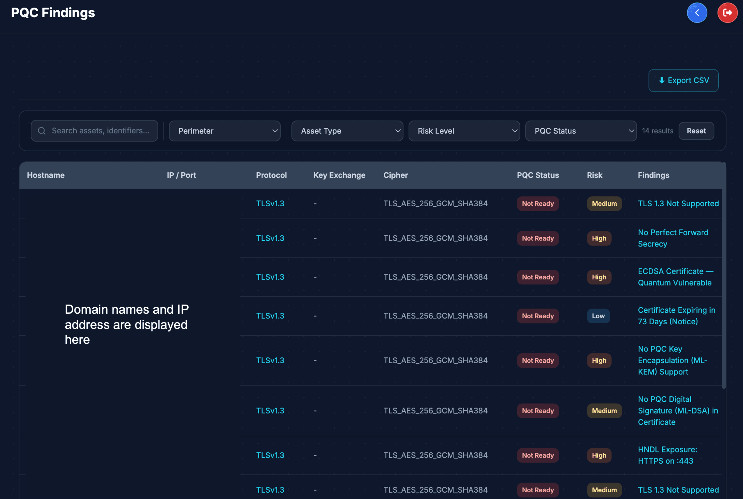 PQC findings table listing hostnames, protocols, ciphers, and PQC readiness status for exposed assets, ordered by risk
